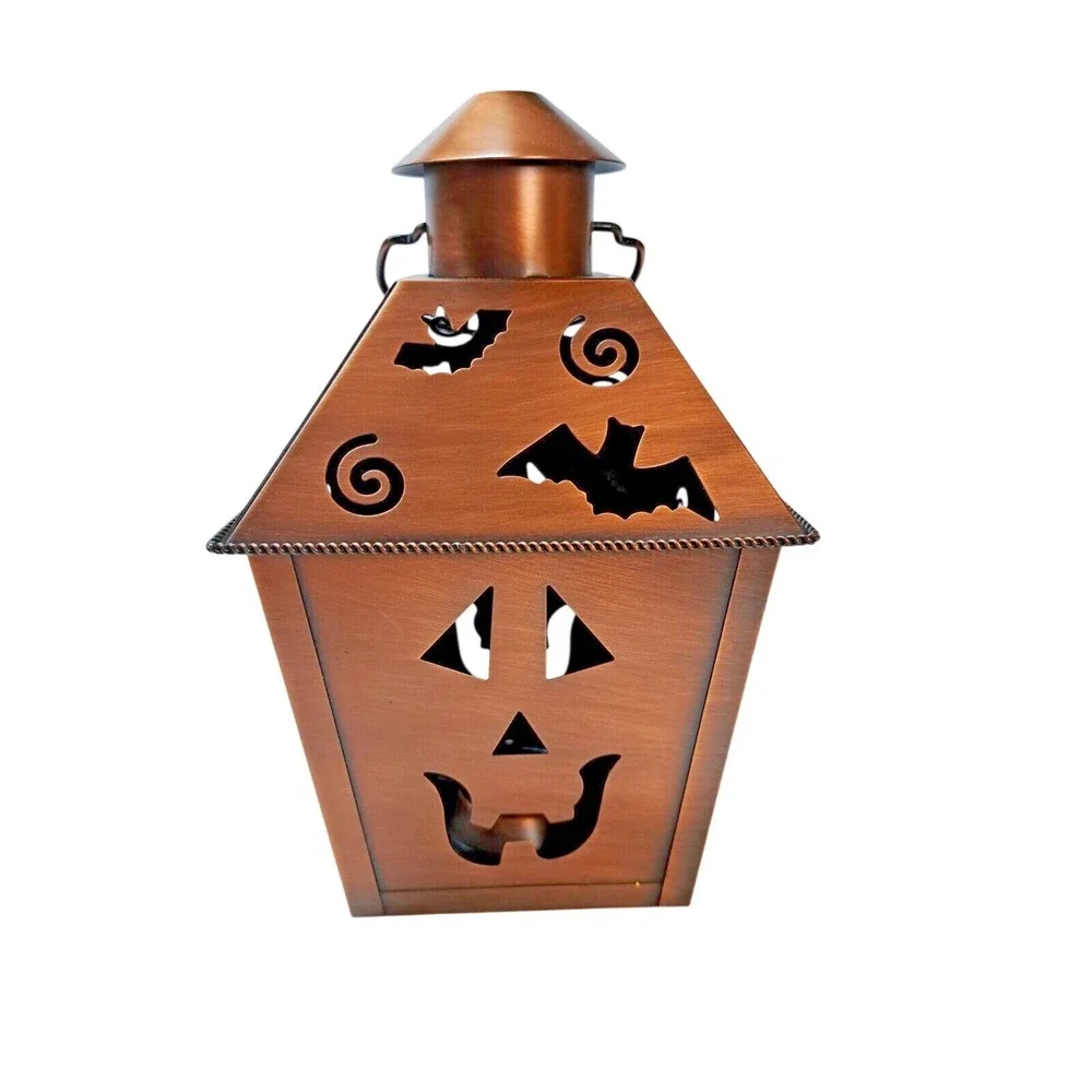 Halloween Metal Lantern Tealight Candle Holder Copper Bronze Tone Jack-O-Lantern